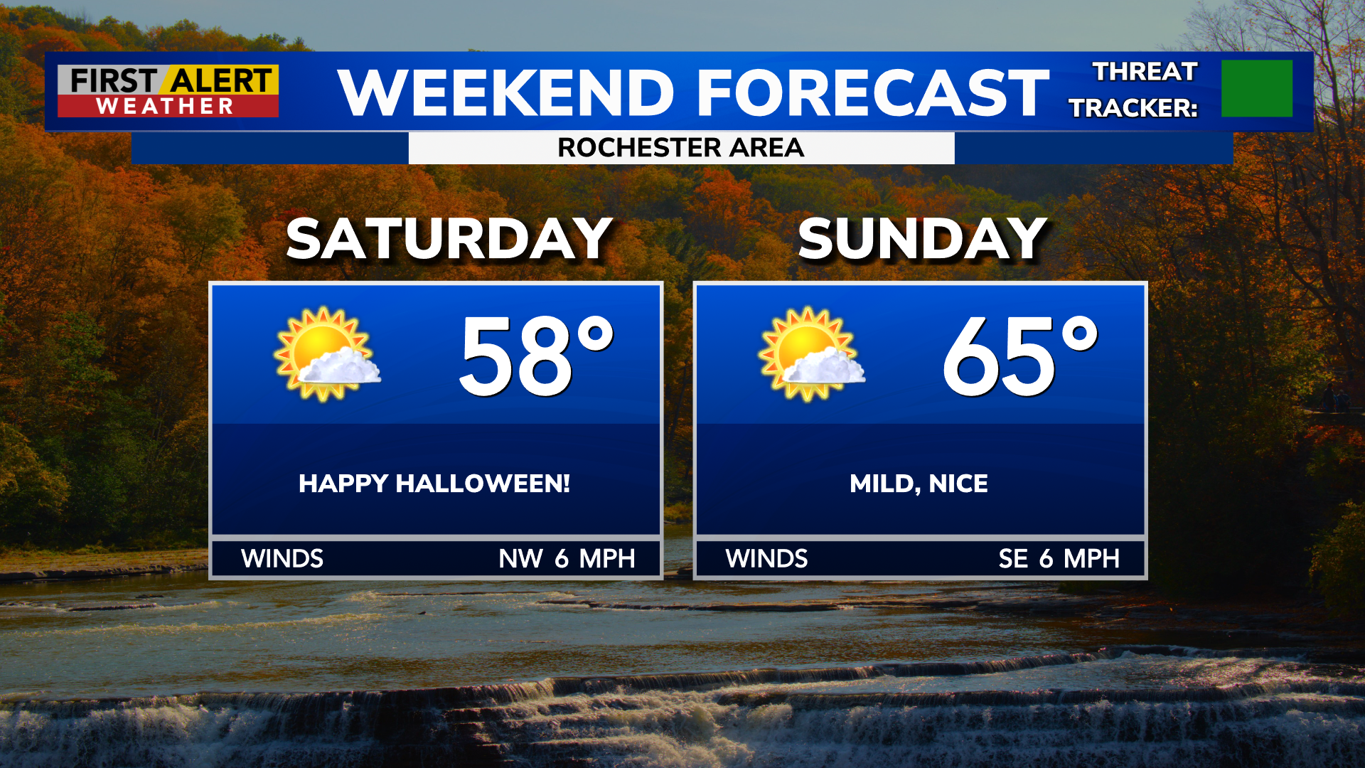 Families enjoying a sunny autumn weekend in Rochester, New York, with children trick-or-treating and football fans tailgating.